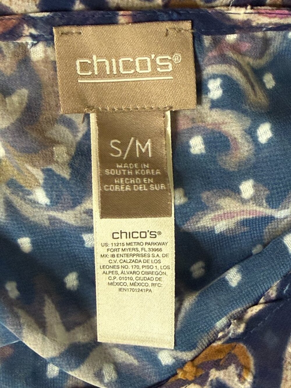 Chicos Sheer Dolman Top Blouse Shirt Asymmetrical Paisley Floral Blue S M - Picture 6 of 8